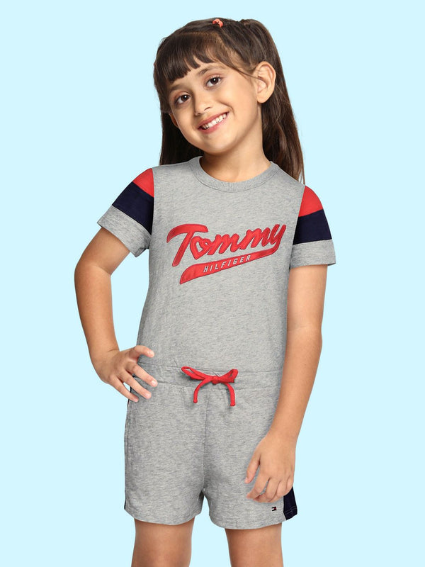 Tommy Hilfiger Girls Grey Embroidered Schmackary Knit Pure Cotton Romper