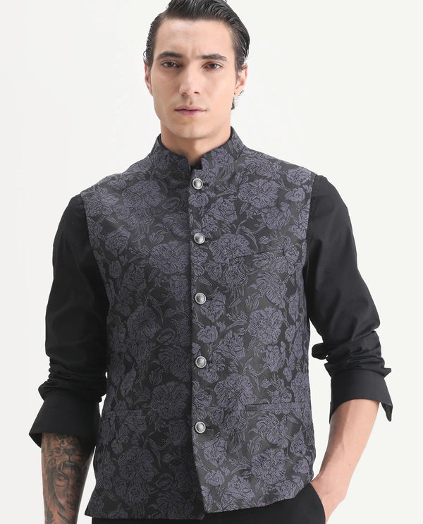 Rare Rabbit Men's Colac Dark Navy Polyester Jacquard Tailored Fit Sleeveless Mandarin Collar Bandhgala