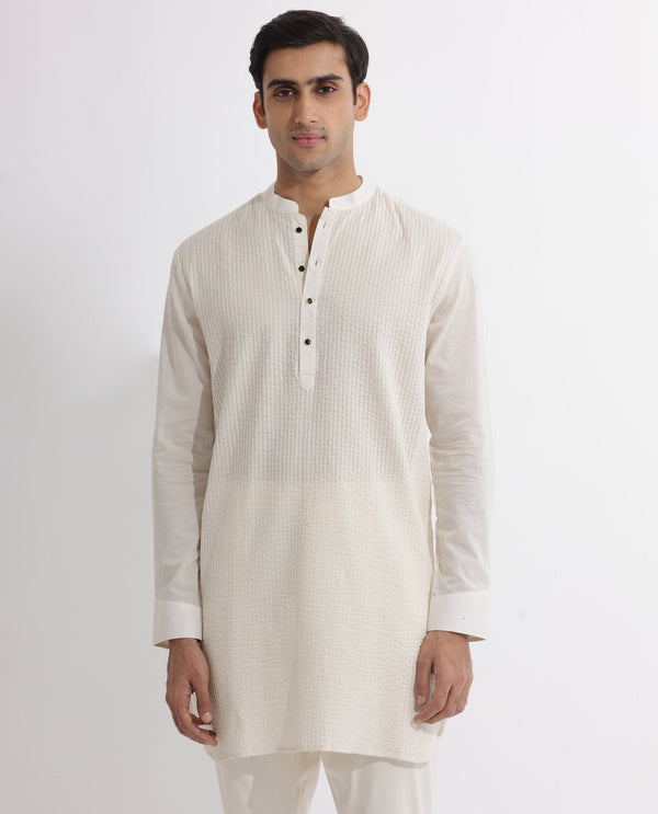 Rare Rabbit Men's Ethnic Beige Cotton Striped Print Regular Fit Full Sleeve Mandarin Collar Kurta