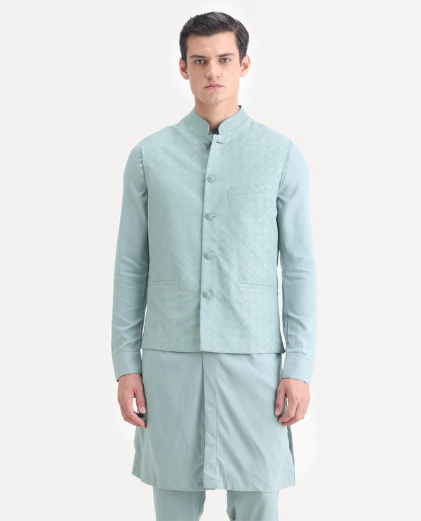Rare Rabbit Men's Medo Kpb Dusky Green Viscose Embroidered Regular Fit Full Sleeve Mandarin Collar Kurta Suit