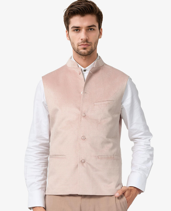 Rare Rabbit Men's Emerald Light Pink Polyester Plain Tailored Fit Sleeveless Mandarin Collar Bandhgala Rare Rabbit Men's Lasmos-B1 Beige Viscose Embroidered Regular Fit Sleeveless Mandarin Collar Bandhgala Nehru Jacket