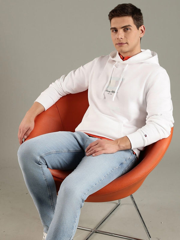 Tommy Hilfiger Men Brand Logo Printed Regular Cotton Pullover Hooded Sweatshirt
