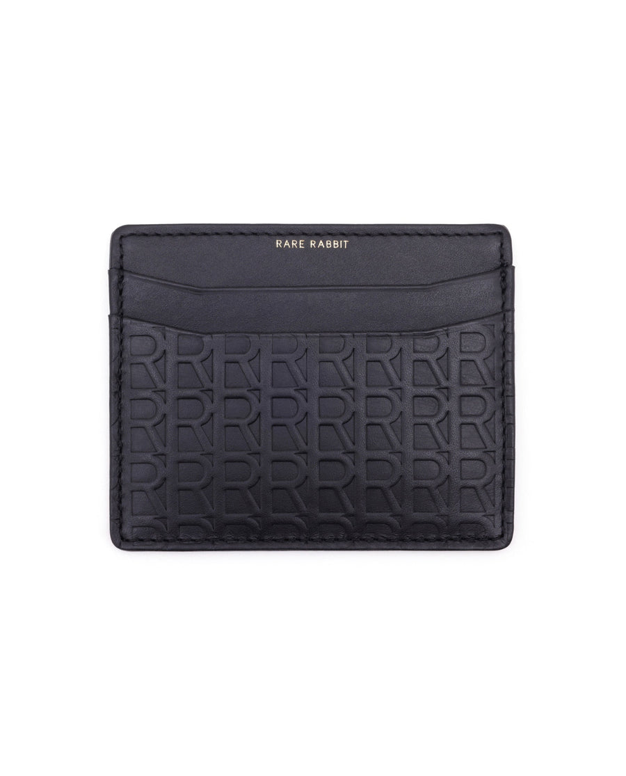 Rare Rabbit Mens Tella Black Slim Rfid Monogram Embossed Credit Card Holder