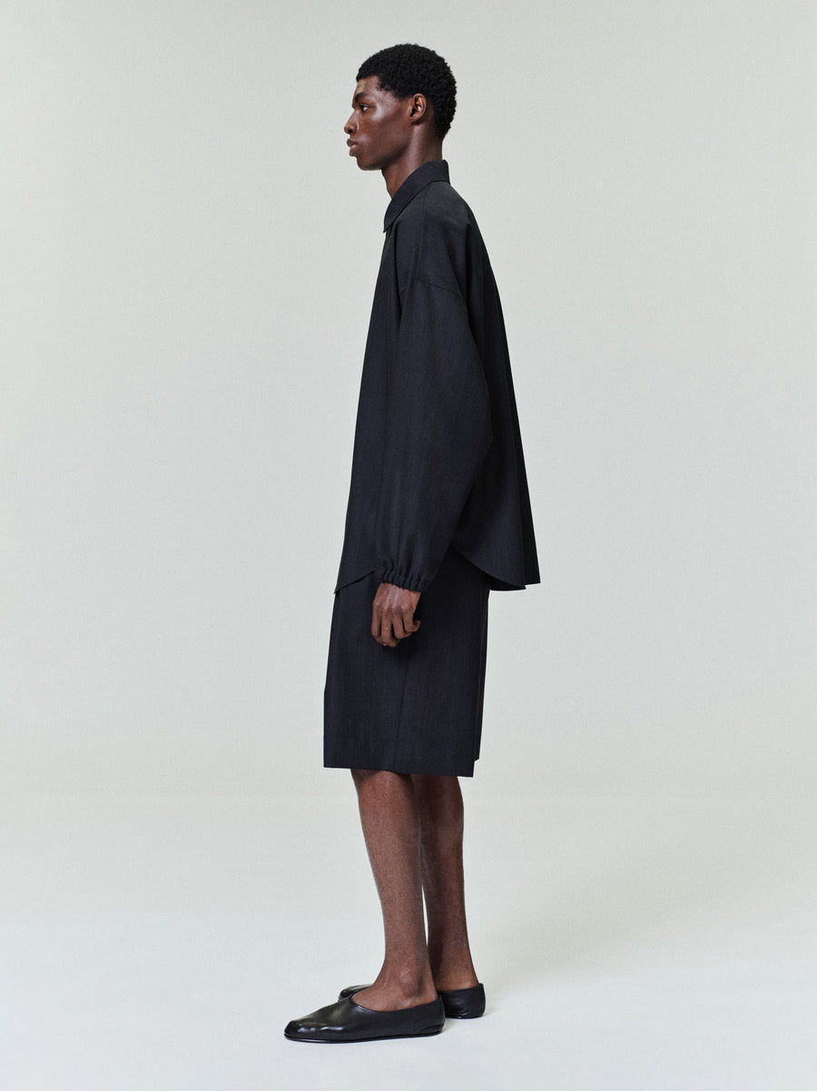 Black Striped Wool Elastic Cuff Shirt