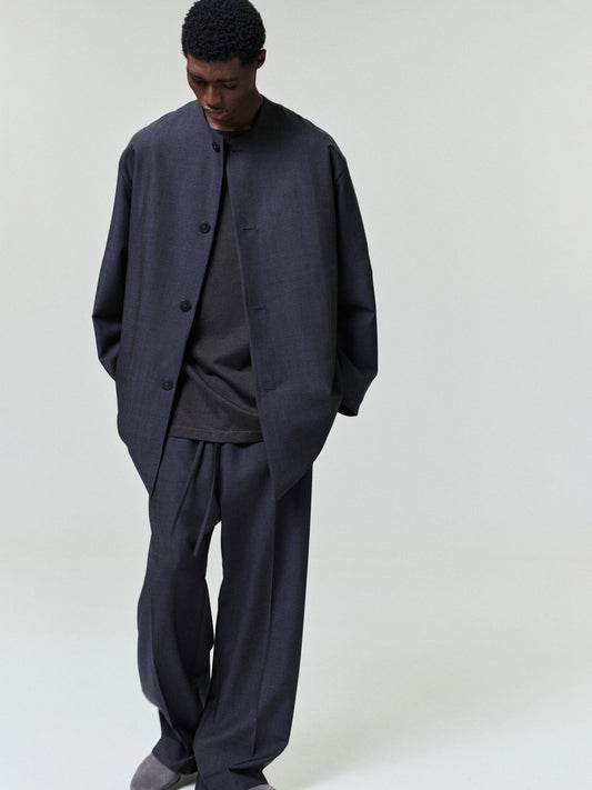 Grey Striped Wool Collarless Sport Jacket