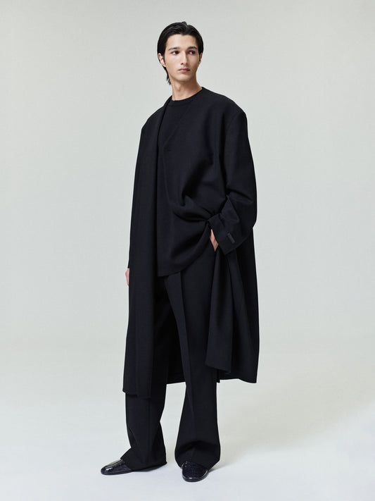 Double Weave Wool Double Breasted Lapelless Coat