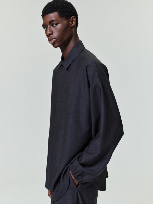 Grey Striped Wool Elastic Cuff Shirt