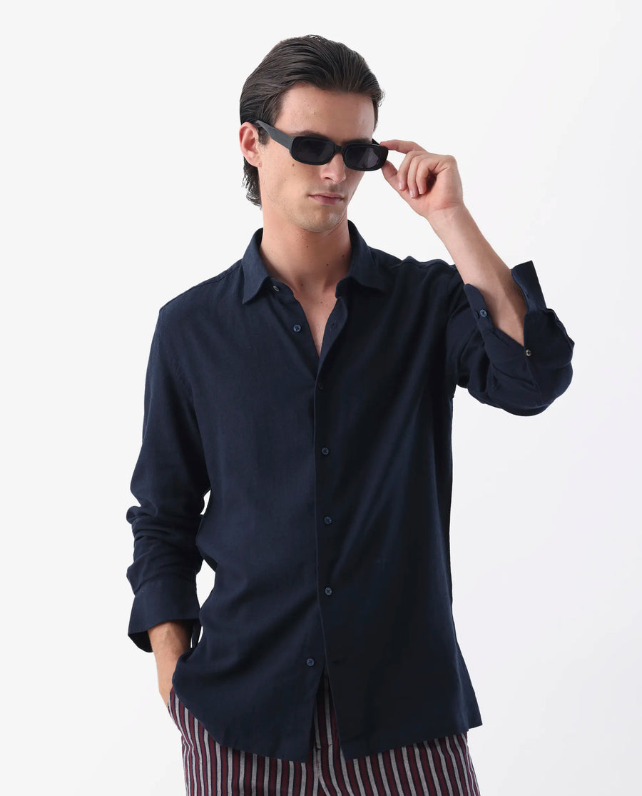 Rare Rabbit Men's Lunet Dark Navy Linen Full Sleeves Solid Shirt