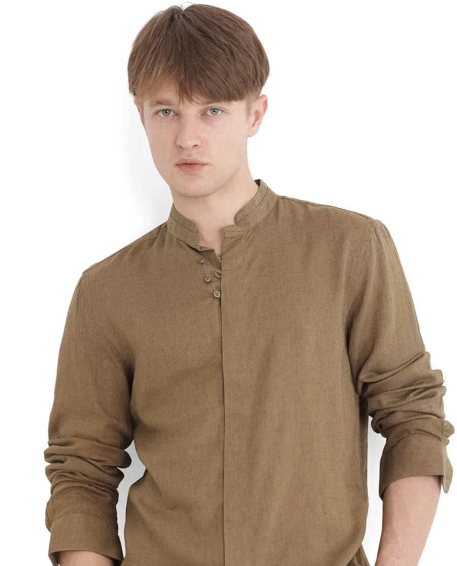 Rare Rabbit Men's Throne Ls-25 Olive Linen Blend Plain Regular Fit Full Sleeve Mandarin Collar Shirt
