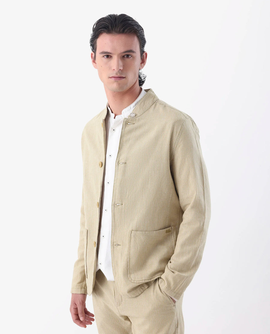 Rare Rabbit Men's Trex Mustard Linen Blend Striped Print Regular Fit Full Sleeve Mandarin Collar Jacket