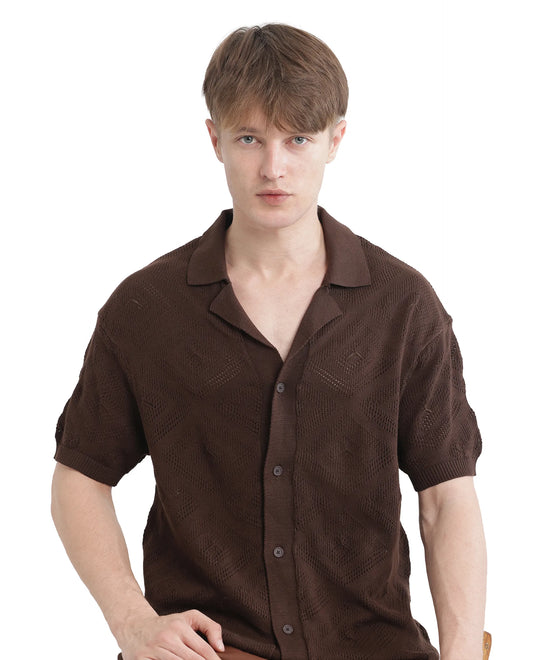 Rare Rabbit Men's Wats Brown Cotton Textured Boxy Fit Half Sleeve Cuban Collar Shirt