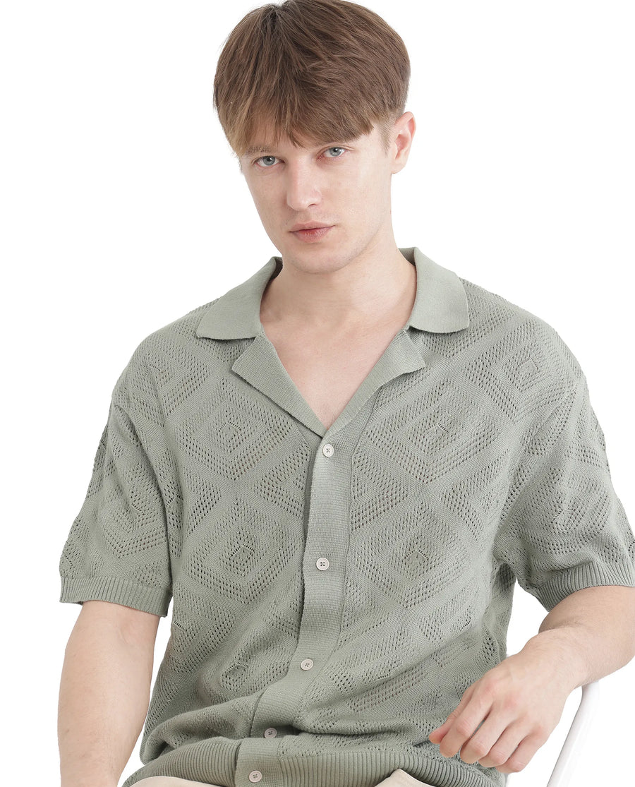 Rare Rabbit Men's Wats Dusky Green Cotton Textured Boxy Fit Half Sleeve Cuban Collar Shirt