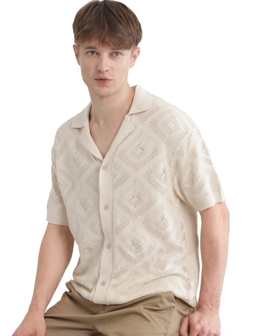 Rare Rabbit Men's Wats White Cotton Textured Boxy Fit Half Sleeve Cuban Collar Shirt