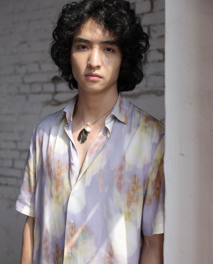 Rare Rabbit Men's Plushy Ss Pastel Purple Viscose Floral Print Regular Fit Half Sleeve Collared Shirt