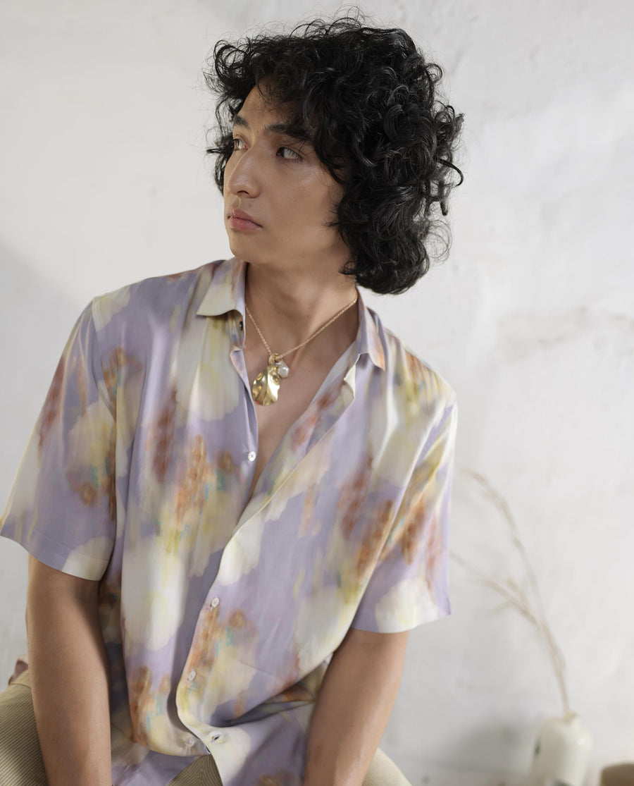 Rare Rabbit Men's Plushy Ss Pastel Purple Viscose Floral Print Regular Fit Half Sleeve Collared Shirt