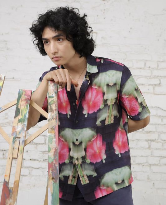 Rare Rabbit Men's Risca Purple Viscose Floral Print Boxy Fit Half Sleeve Collared Shirt