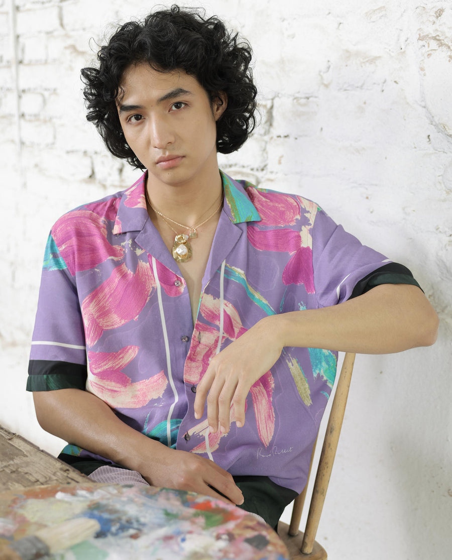 Rare Rabbit Men's Casa Purple Viscose Floral Print Boxy Fit Half Sleeve Cuban Collar Shirt