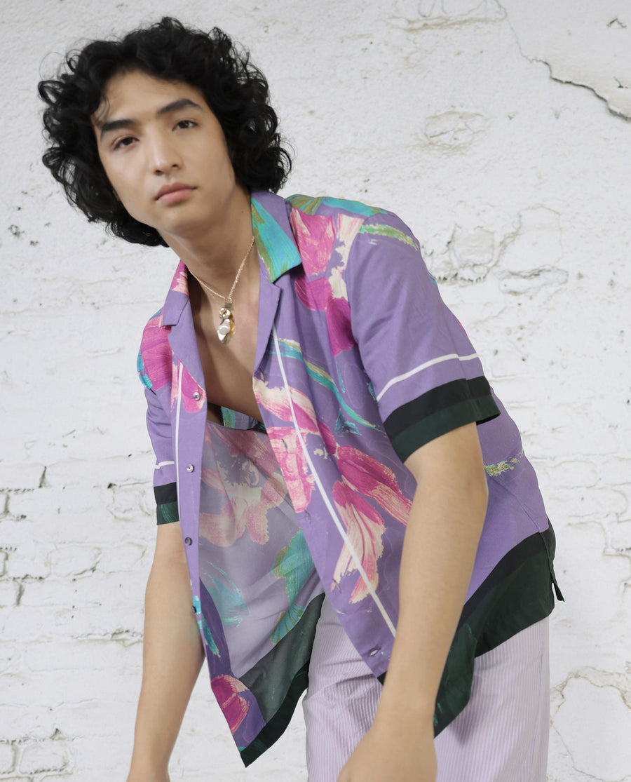 Rare Rabbit Men's Casa Purple Viscose Floral Print Boxy Fit Half Sleeve Cuban Collar Shirt
