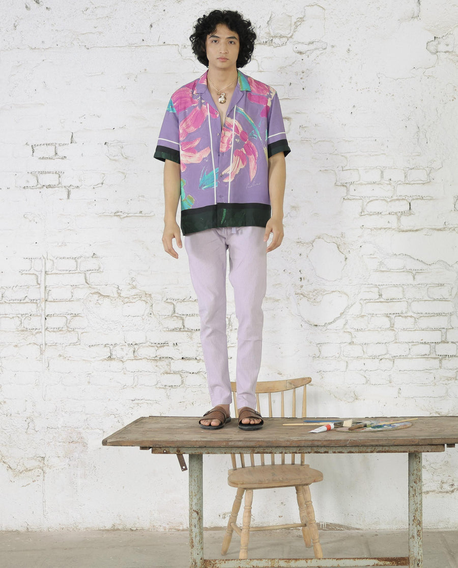 Rare Rabbit Men's Casa Purple Viscose Floral Print Boxy Fit Half Sleeve Cuban Collar Shirt