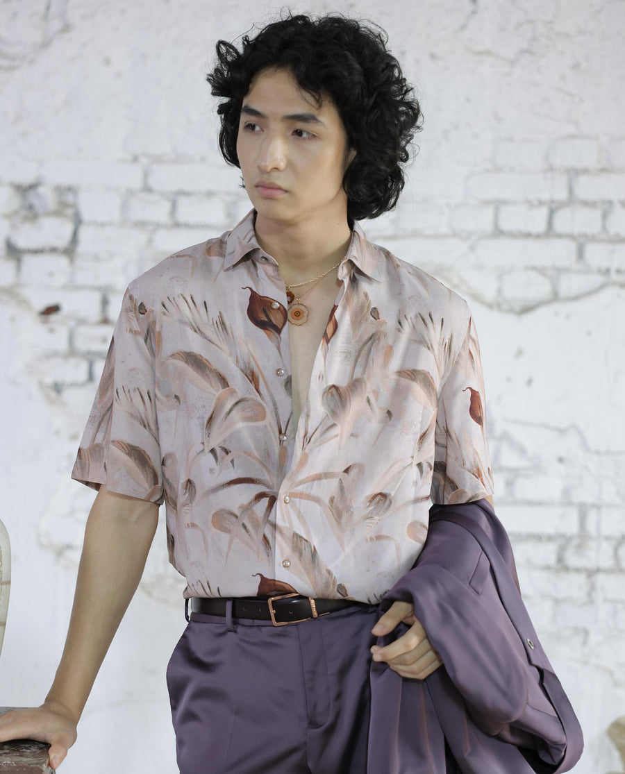 Rare Rabbit Men's Bowon Ss Light Brown Viscose Tropical Print Boxy Fit Half Sleeve Collared Shirt