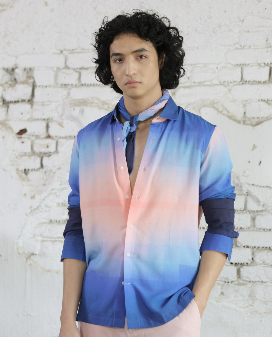 Rare Rabbit Men's Obroom Light Pink Viscose Ombre Regular Fit Full Sleeve Collared Shirt
