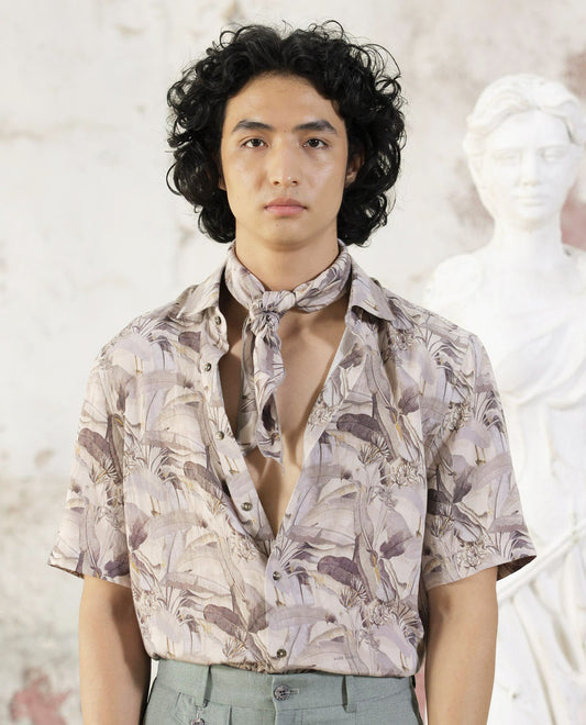 Rare Rabbit Men's Verton Beige Viscose Tropical Print Boxy Fit Half Sleeve Collared Shirt