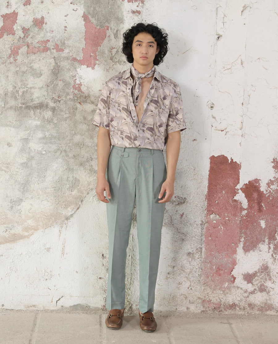 Rare Rabbit Men's Verton Beige Viscose Tropical Print Boxy Fit Half Sleeve Collared Shirt
