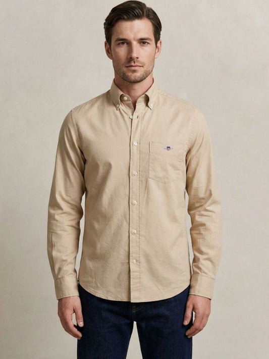 Gant Men Beige Solid Regular Fit Classic Poplin Shirt