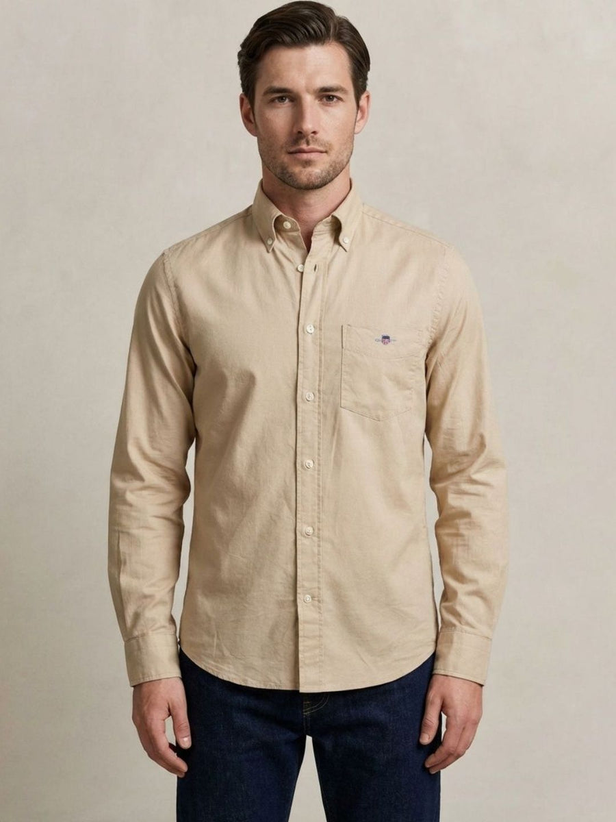 Gant Men Beige Solid Regular Fit Classic Poplin Shirt