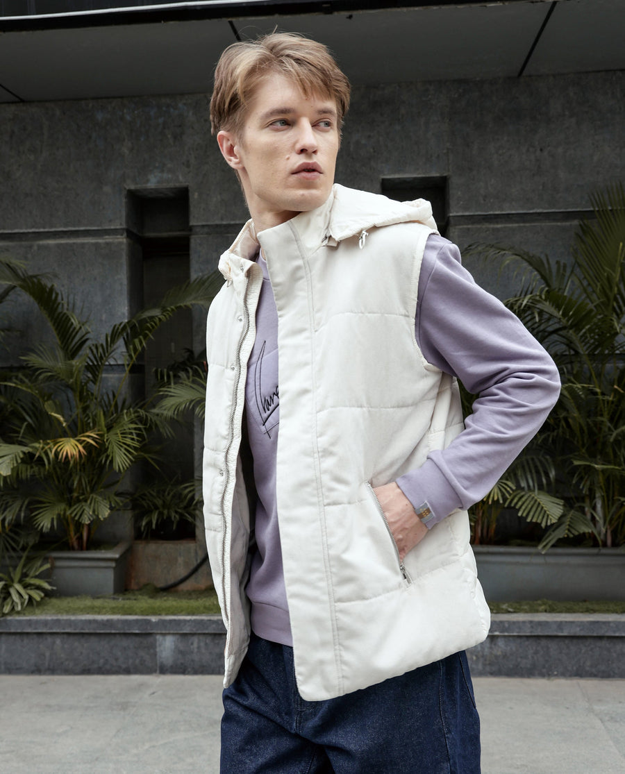 Rare Rabbit Men's Raldo -2 Off White Polyester Plain Regular Fit Sleeveless High Neck Jacket