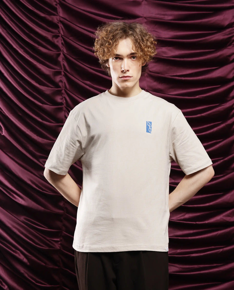 Rare Rabbit Men's Hord Off White Cotton Graphic Print Oversized Fit Half Sleeve Crew Neck T-Shirt