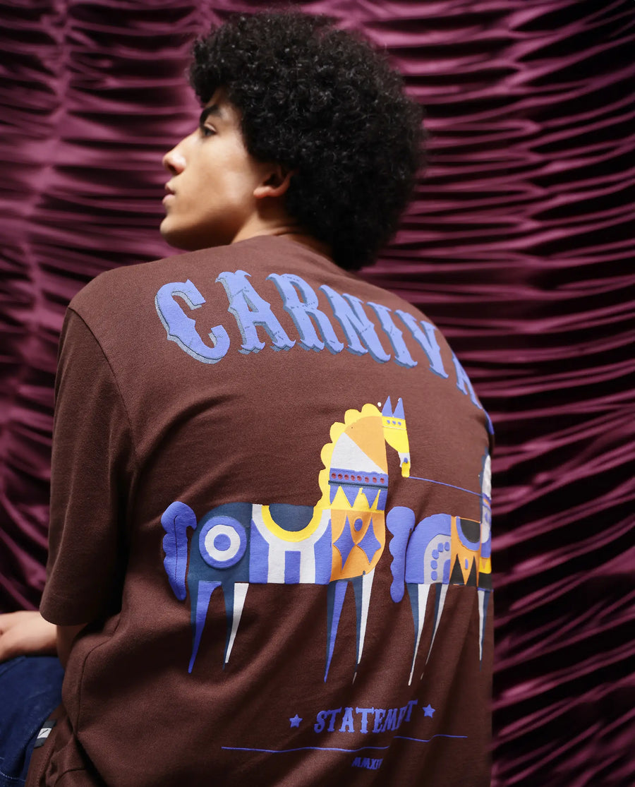 Rare Rabbit Men's Carn Brown Cotton Graphic Print Oversized Fit Half Sleeve Crew Neck T-Shirt