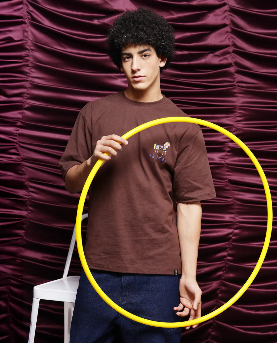 Rare Rabbit Men's Carn Brown Cotton Graphic Print Oversized Fit Half Sleeve Crew Neck T-Shirt