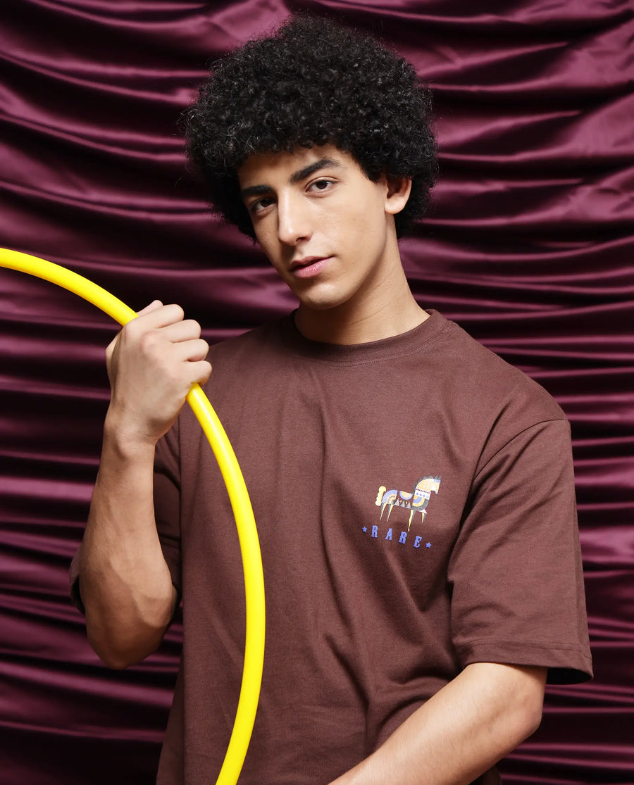 Rare Rabbit Men's Carn Brown Cotton Graphic Print Oversized Fit Half Sleeve Crew Neck T-Shirt