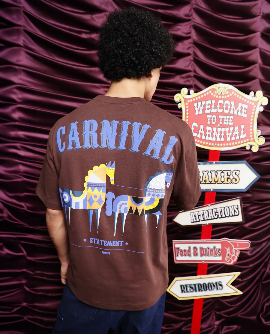 Rare Rabbit Men's Carn Brown Cotton Graphic Print Oversized Fit Half Sleeve Crew Neck T-Shirt