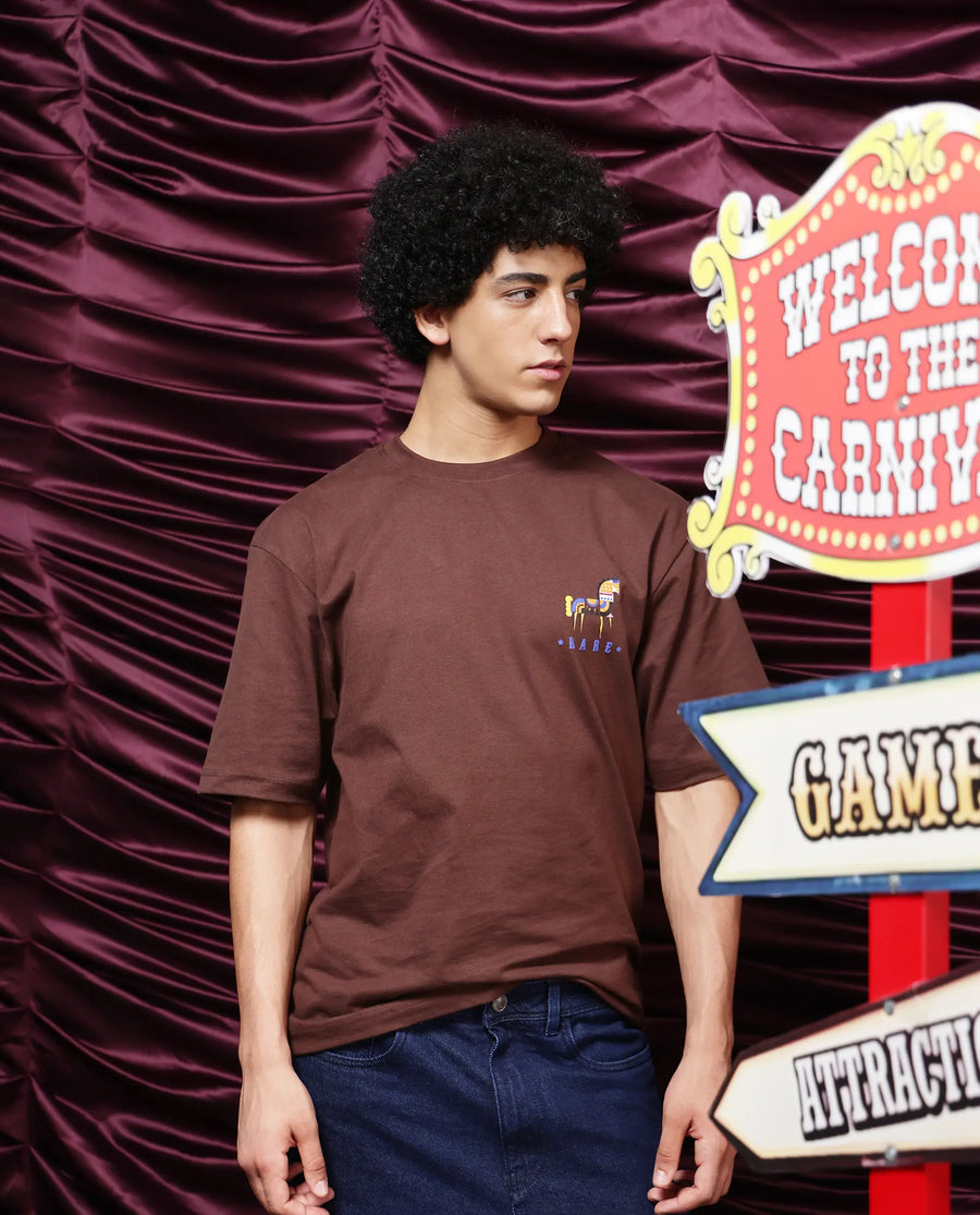 Rare Rabbit Men's Carn Brown Cotton Graphic Print Oversized Fit Half Sleeve Crew Neck T-Shirt
