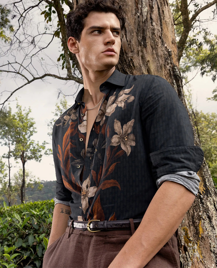 Rare Rabbit Men's Phex Black Viscose Fabric Full Sleeve Spread Collar Regular Fit Floral Print Shirt