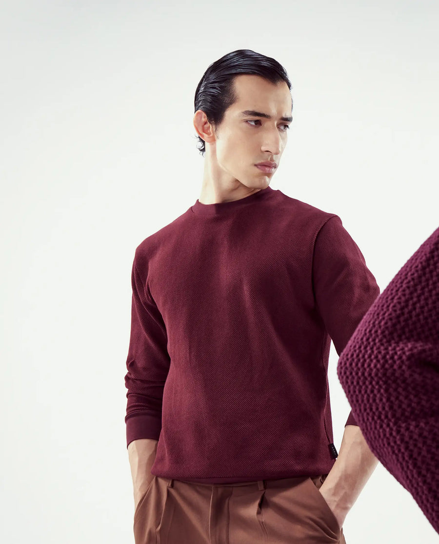 Rare Rabbit Men's Nial Dark Red Polyester Plain Regular Fit Full Sleeve Crew Neck Sweatshirt