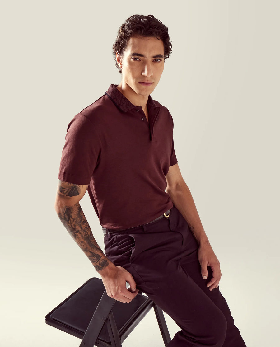 Rare Rabbit Men's Braf Dark Maroon Cotton Blend Plain Regular Fit Half Sleeve Polo