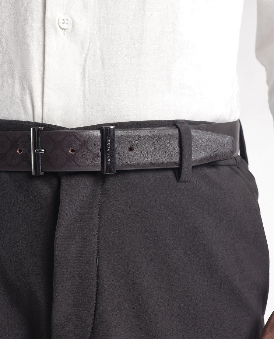 Rare Rabbit Men's Ryan Brown Reversible Monogram Print Gun Metal Belt