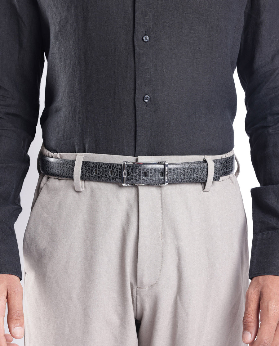 Rare Rabbit Men's Volde Black Reversible Monogram Print Gun Metal Belt