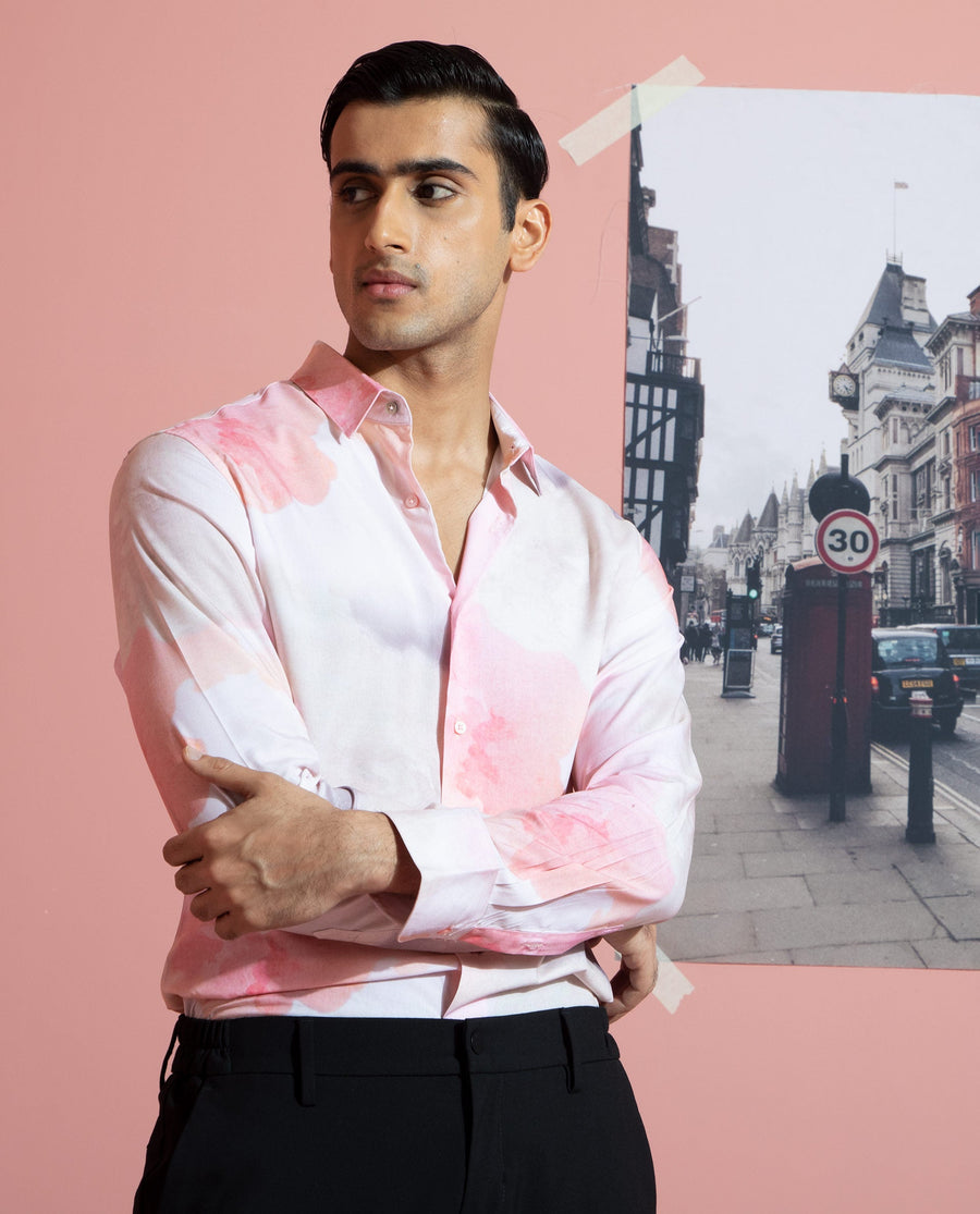 Rare Rabbit Men's Fife Pink Viscose Abstract Print Regular Fit Full Sleeve Collared Shirt