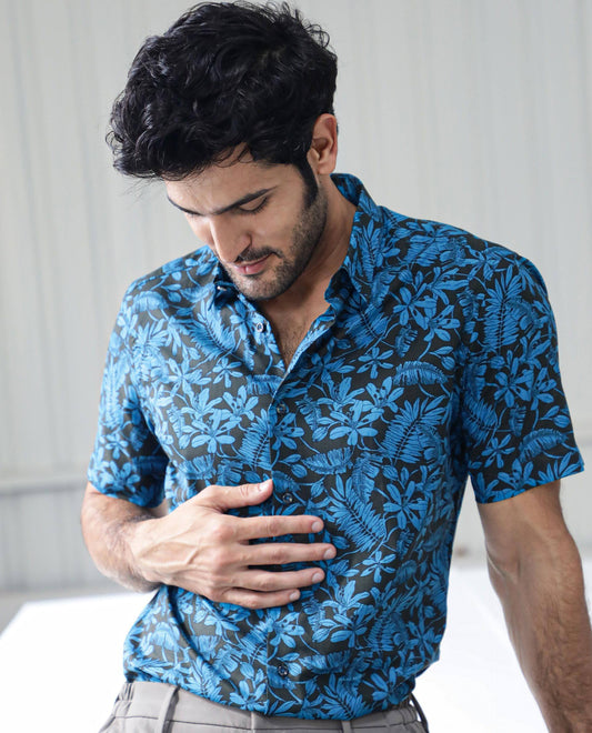 Rare Rabbit Men's Olar Olive Cotton Floral Print Regular Fit Half Sleeve Spread Collar Shirt