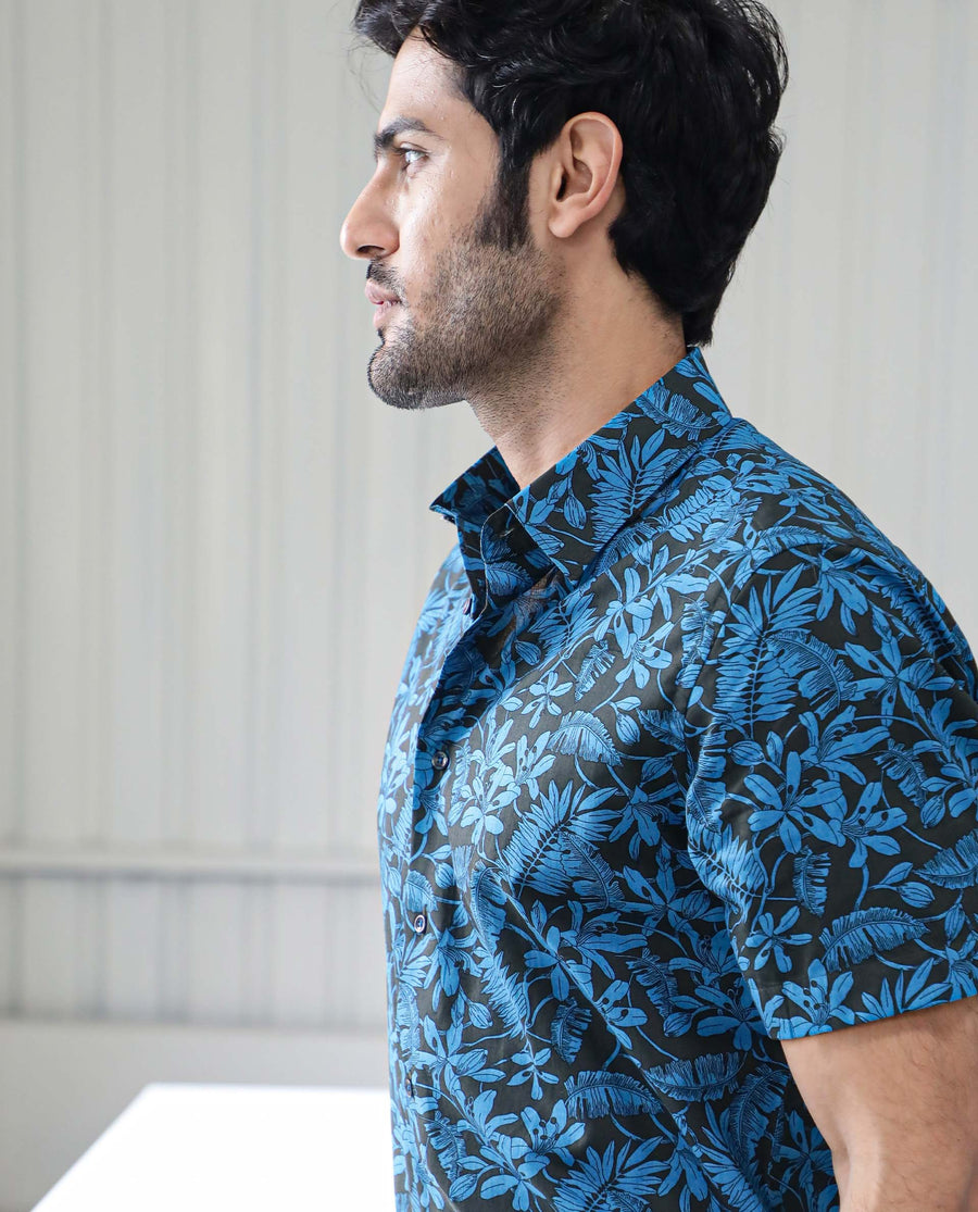 Rare Rabbit Men's Olar Olive Cotton Floral Print Regular Fit Half Sleeve Spread Collar Shirt