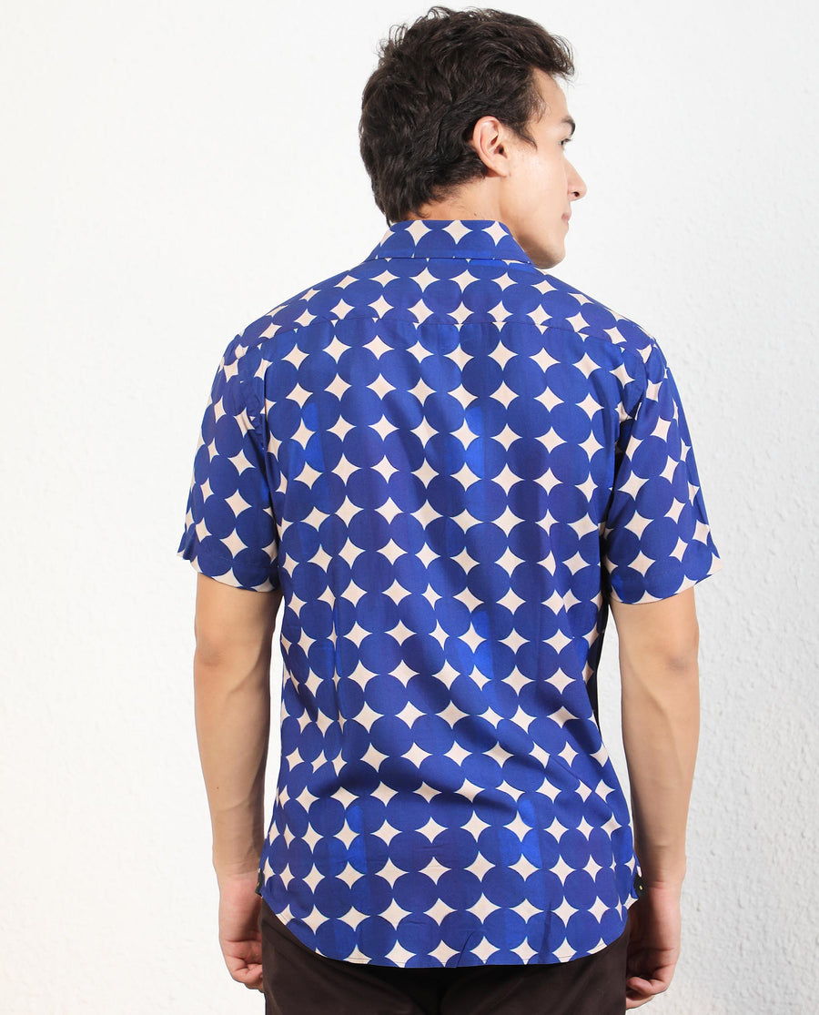 Rare Rabbit Men's Clinton Blue Viscose Geometric Print Regular Fit Half Sleeve Collared Shirt
