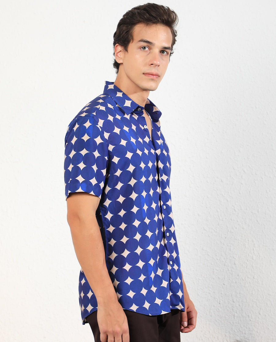Rare Rabbit Men's Clinton Blue Viscose Geometric Print Regular Fit Half Sleeve Collared Shirt