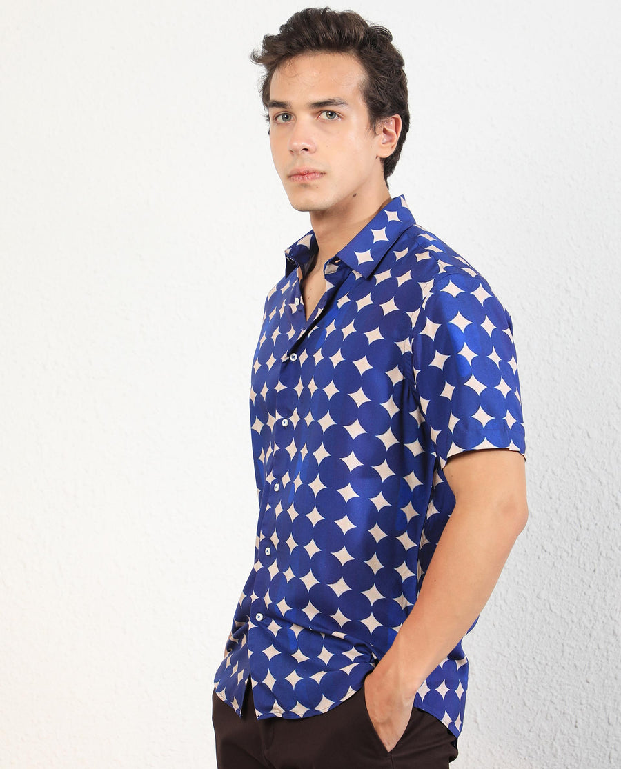 Rare Rabbit Men's Clinton Blue Viscose Geometric Print Regular Fit Half Sleeve Collared Shirt
