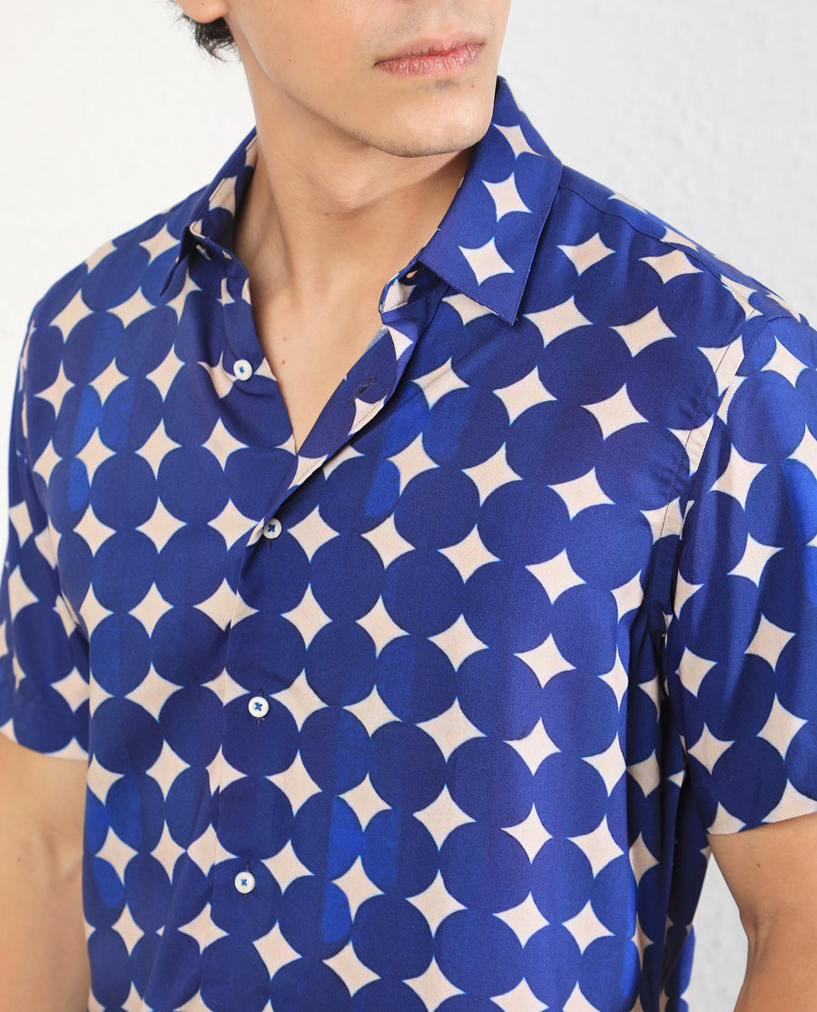 Rare Rabbit Men's Clinton Blue Viscose Geometric Print Regular Fit Half Sleeve Collared Shirt