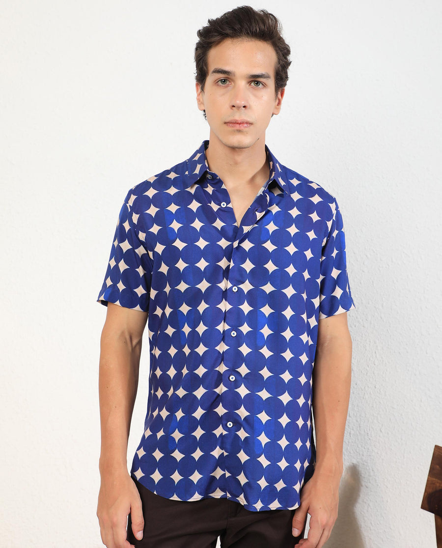 Rare Rabbit Men's Clinton Blue Viscose Geometric Print Regular Fit Half Sleeve Collared Shirt