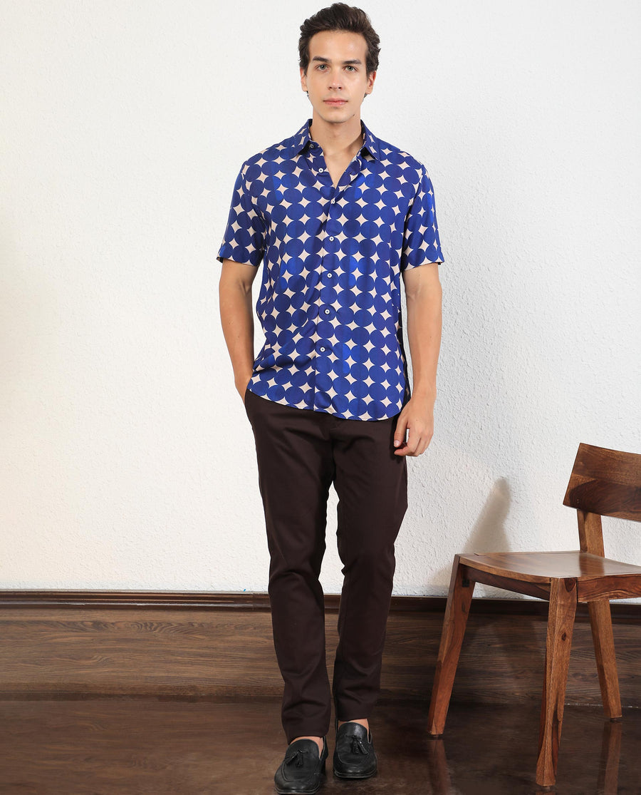 Rare Rabbit Men's Clinton Blue Viscose Geometric Print Regular Fit Half Sleeve Collared Shirt